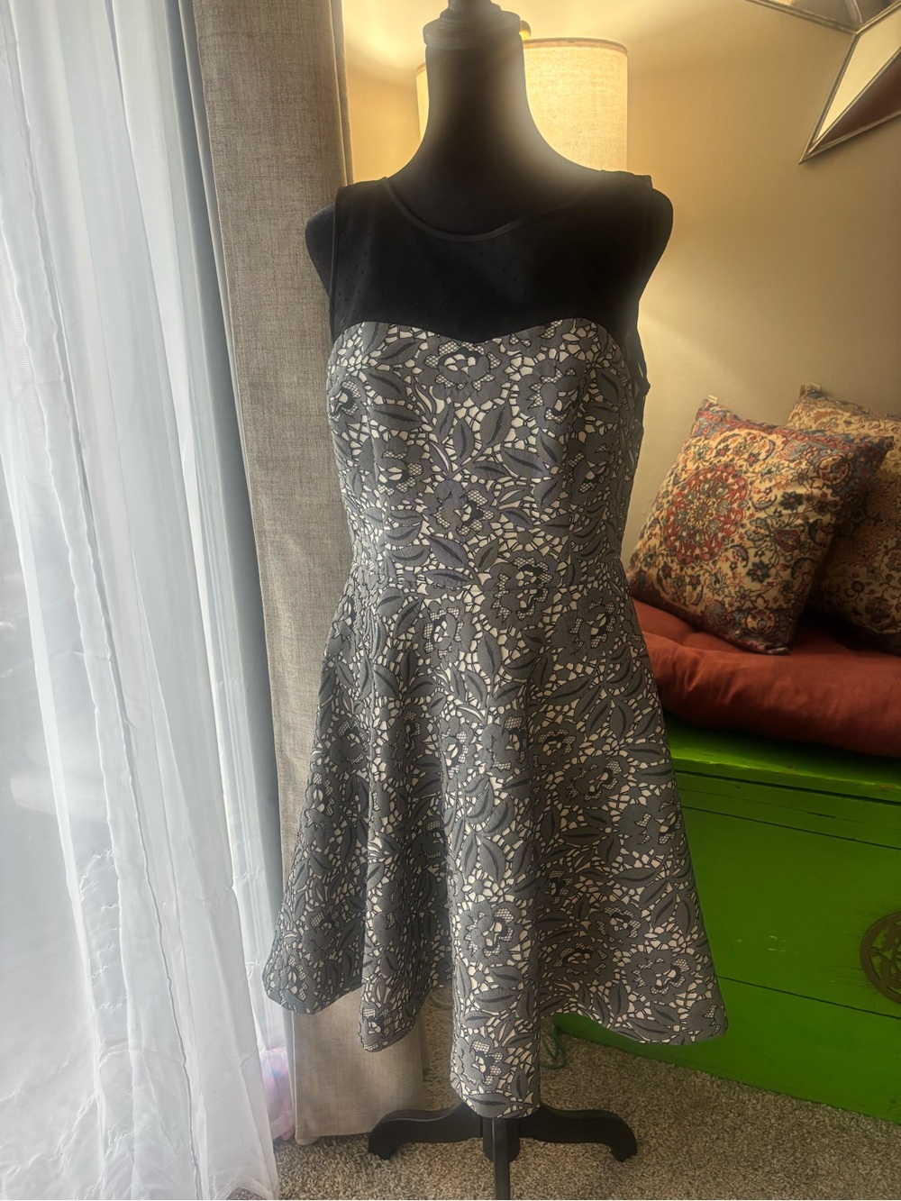 Sleeveless Gray Floral Fit-and-Flare Dress
